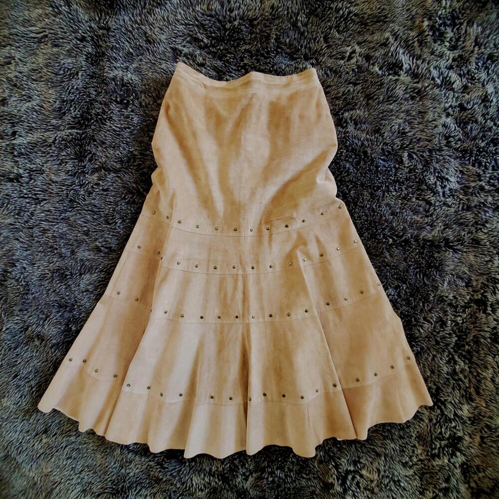 CHIC TAN SUEDE STUDDED A-LINE MIDI SKIRT – Boho Edge Meets Flirty Flare!